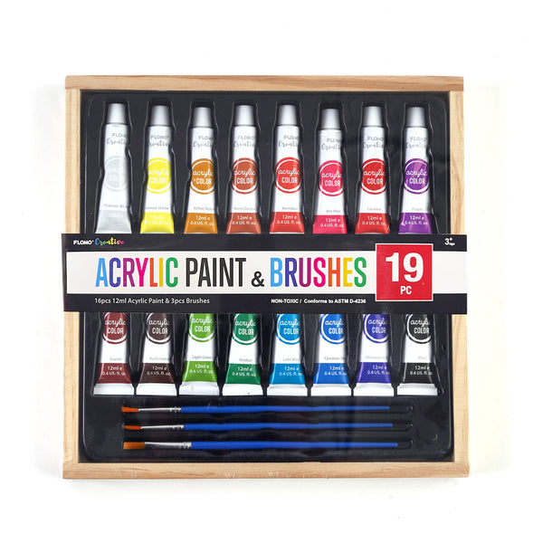 19Pc 12Ml Acrylic Paint And Brushes In Wooden Box