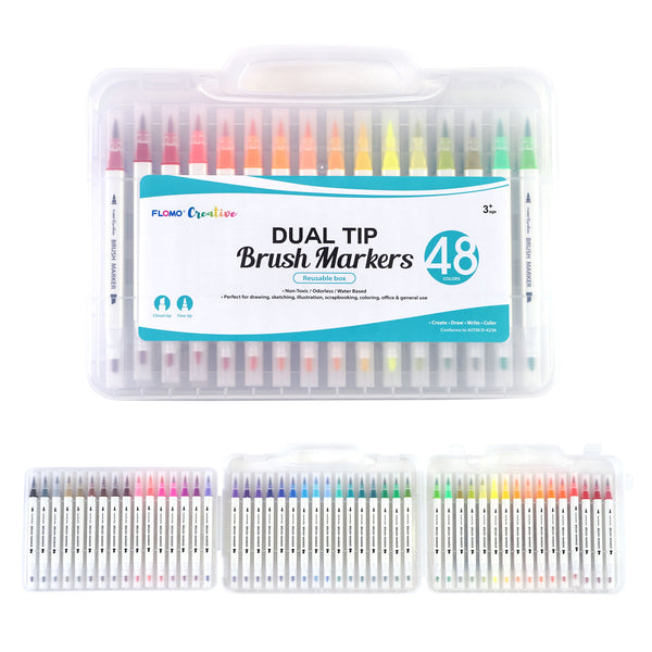48Ct Dual Tip Brush Markers In Reusable Case With Handle