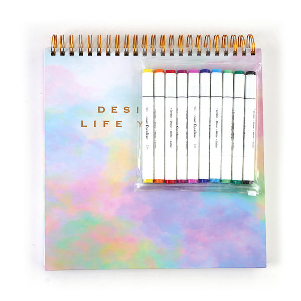 100 Sht 12" X 12" Top Spiral Watercolor Sketch Book W/10Pc Dual Tip Markers