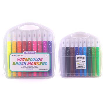 18Ct Brush Markers With White Barrel In Reusable Case With Handle
