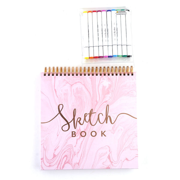 12X12 90Sht Top Spiral Pink Marble Sketch Book With 10Ct Alcohol Markers