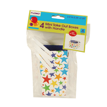 4Ct Star Printed Mini Take Out Boxes With Handle 2.5" X 2.5" X 2.25"