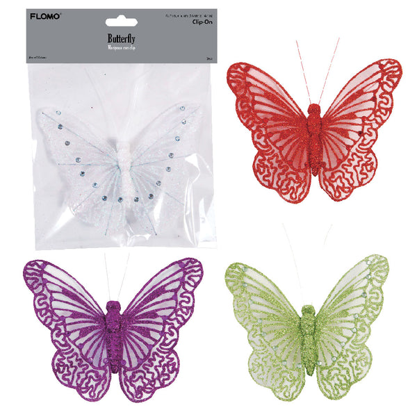 6.25" X 5.5" / 16 X 14Cm Clip-On Glitter Butterfly, 4 Colors Assorted