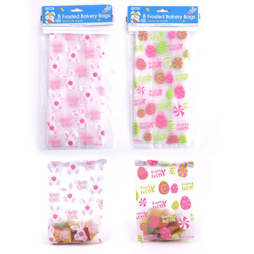8Ct Easter Frosted Bakery Bags With Attached Plastic Tie 11" X 5", 2 Assortments
