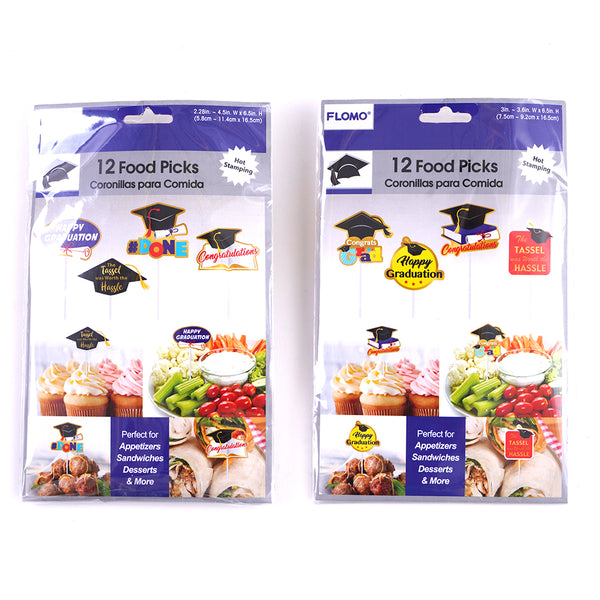 12Ct Graduation Food Picks With Hot Stamping, 2 Assortments