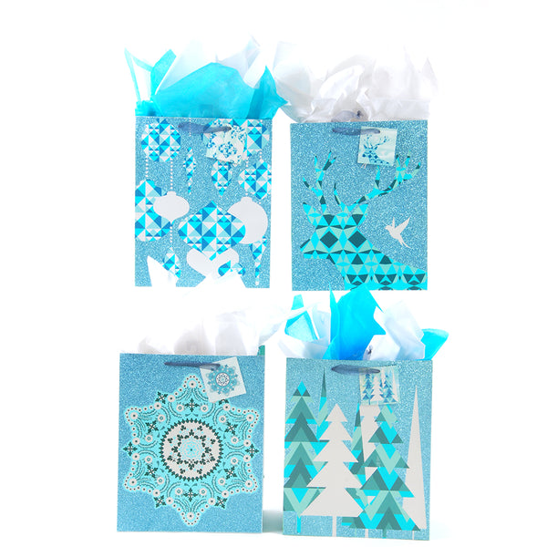 Christmas-Large Blue-Gold Holiday Glitter Bag, 4 Designs