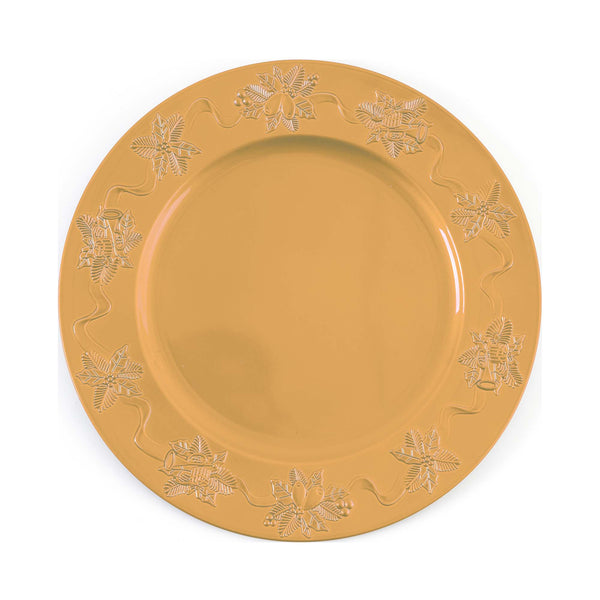 13" Christmas Embossed Assorted Holly Designs With Ribbon Charger Plate, 2 Colors