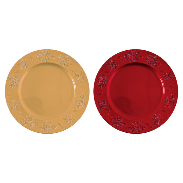 13" Christmas Embossed Assorted Holly Designs With Ribbon Charger Plate, 2 Colors