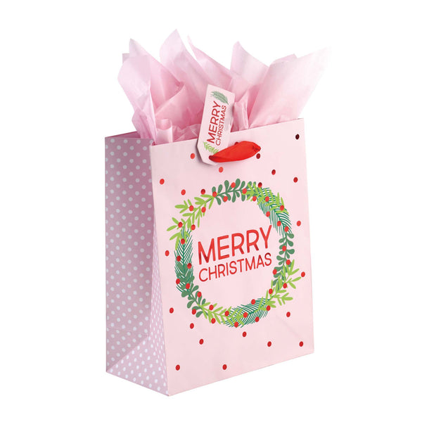 3Pk Large Pink Christmas Kraft Hot Stamp Bag, 4 Designs