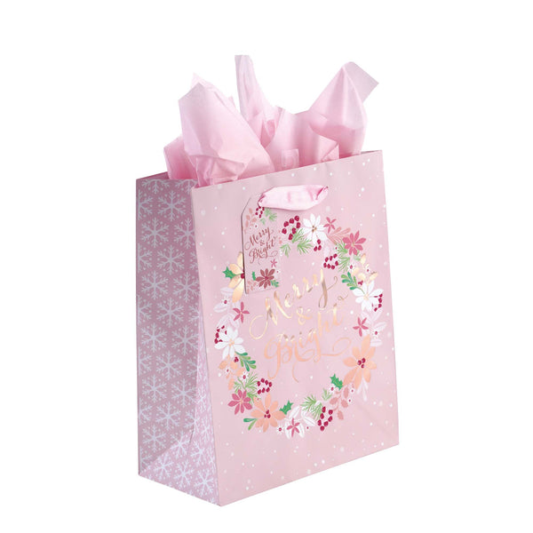 3Pk Large Pink Christmas Kraft Hot Stamp Bag, 4 Designs