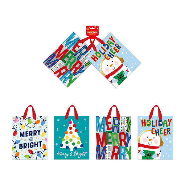 2Pk Extra Large Bright Merry Holiday Hot Stamp Bag, 4 Designs