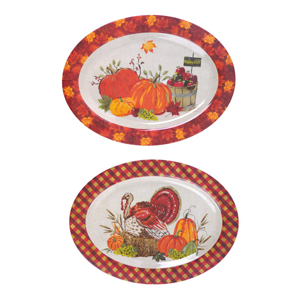 Thanksgiving 18" Turkey-Pumpkins Oval Serving Platter, 2 Assortments