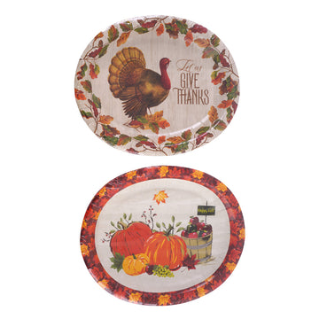 Thanksgiving-12Ct Pumpkin-Turkey Design Oval Paper Plates, 10" X 12.25" X 1", 2 Designs