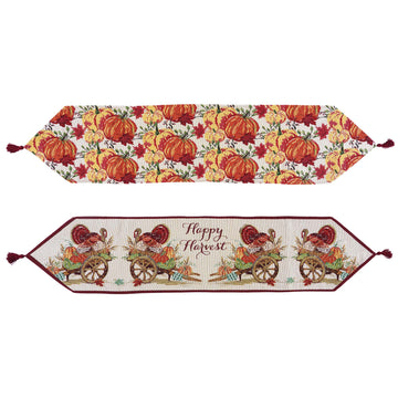 Thanksgiving-Turkey-Pumpkin Motif Woven Table Runner, 13" X 54", 2 Designs