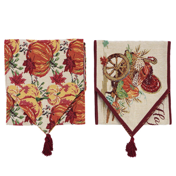 Thanksgiving-Turkey-Pumpkin Motif Woven Table Runner, 13" X 54", 2 Designs
