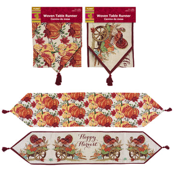 Thanksgiving-Turkey-Pumpkin Motif Woven Table Runner, 13" X 54", 2 Designs