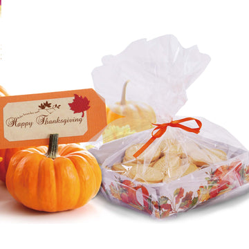 2Ct Thanksgiving Treat Trays With Cellophane And Ribbon 8" X 8" X 2.25", 2 Designs