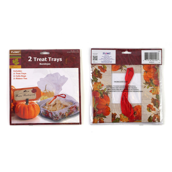 2Ct Thanksgiving Treat Trays With Cellophane And Ribbon 8" X 8" X 2.25", 2 Designs