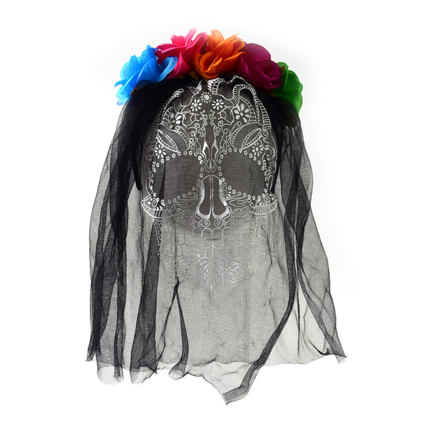 Halloween-Day Of The Dead Flower And Skull Veil Headband