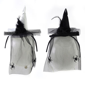 15.5"H Halloween Witch Hat Headband With Veil With Spiders, 2 Colors