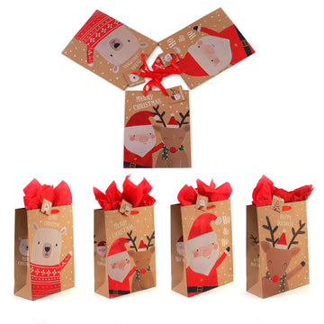3Pk Large Hello Christmas Kraft Hot Stamp Bag, 4 Designs