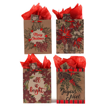 Large Holiday Botanical Party Hot Stamp Kraft Bag, 4 Designs