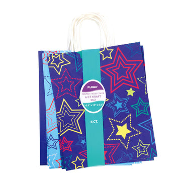 Large 6 Pack Bundled Stars Design, White Kraft Bag W/White Color Handle, 2Designs+2 Colors