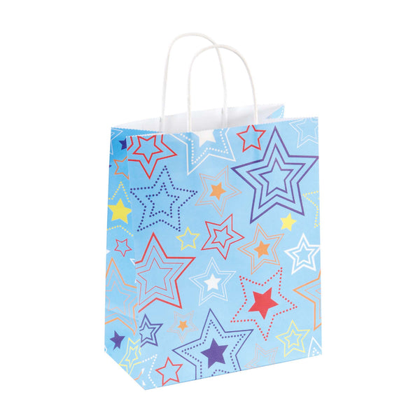 Large 6 Pack Bundled Stars Design, White Kraft Bag W/White Color Handle, 2Designs+2 Colors