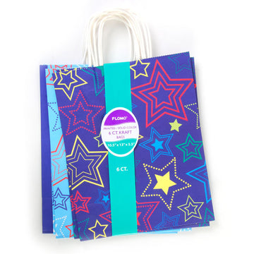 Large 6 Pack Bundled Stars Design, White Kraft Bag W/White Color Handle, 2Designs+2 Colors