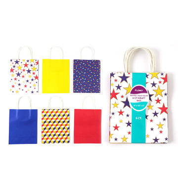 6Pk Printed Confetti/Party Design White Kraft Bag