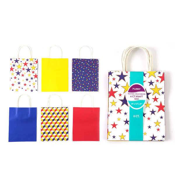 6Pk Printed Confetti/Party Design White Kraft Bag