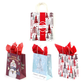 6Pk Euro Medium Hot Stamp Bundle Red Trees Christmas Kraft Bag, 3 Designs