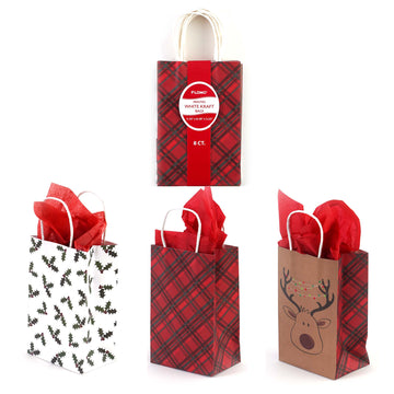 8Pk Narrow Medium Printed Bundle Plaids/Holly Christmas Kraft Bag, 3 Designs