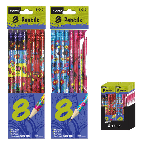 8Ct "Flowers & Fun" Pencils, 4 Designs, 2 Assortments