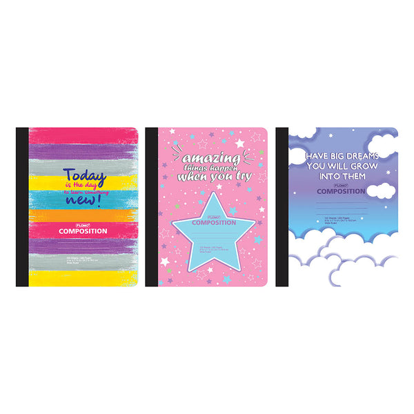 100 Sheets Wide Ruled Composition Book, Stripes/Stars/Clouds 9.75" X 7.5", 3 Designs