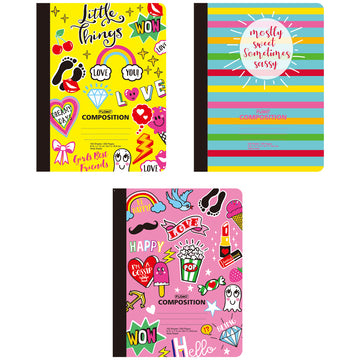 100 Sheets Wide Ruled Composition Book. Doodles, Stripes, Drawings,9.75"X7.5", 3 Designs