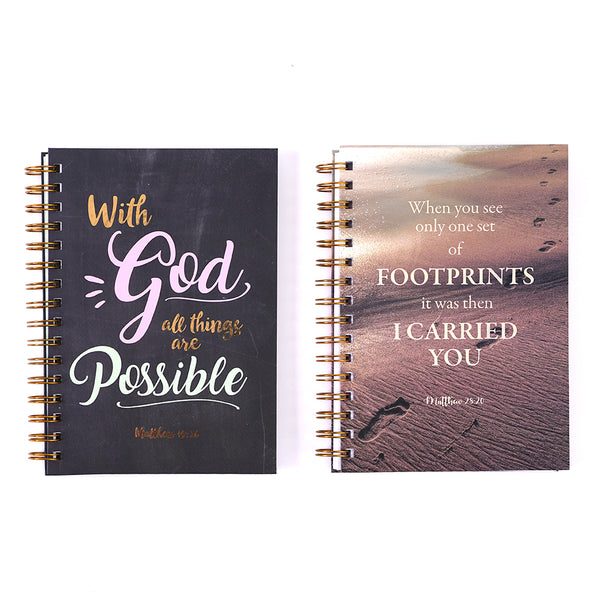 100 Sheet Religious Spiral Journals,Chalkboard,Footprints In Sand, 8.5"X6", 2 Designs