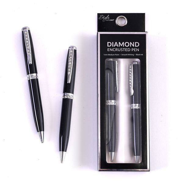 2Pk Black Metal Pens With Encrusted Diamonds, Medium Point, Black Ink