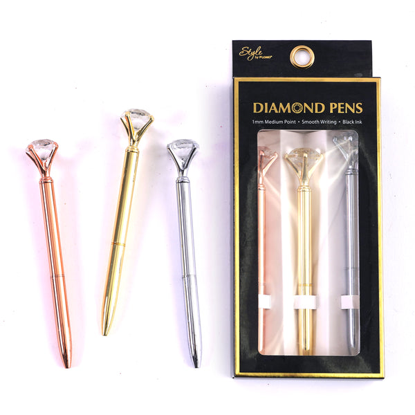 3Pk Metal Pens With Diamond, 3 Colors, Medium Point, Black Ink