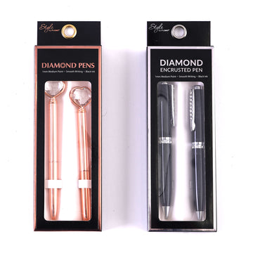 2Pk Metal Pens With Diamond Heart/Diamond Encrusted, Medium Point, Black Ink, 2 Assortments