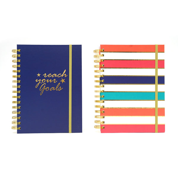160 Sht 1" Heavy Brass Spiral College Rule Solid Stripes Hotstamp Journal, 8.5"X6.25",2Designs