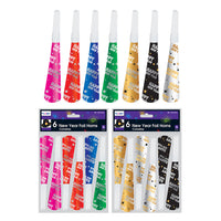 6Pcs X 8" New Year Foil Horns, 2 Assortments