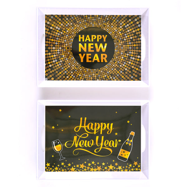 New Years Rectangular Melamine Tray W/Handles, 15.3 X 11.5", 2 Designs