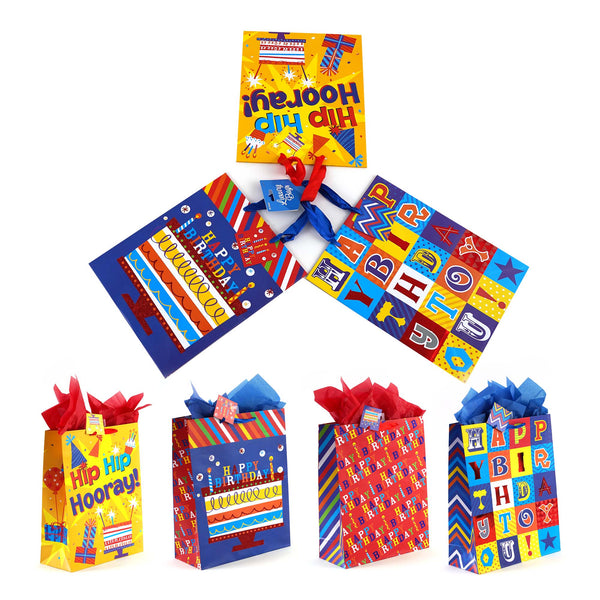 3Pk Large Birthday Hooray! Hot Stamp/Glitter Bag, 4 Designs