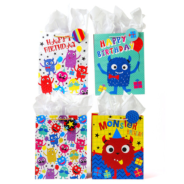 Extra Large Monster Ball Matte Gift Bag With Color Glitter, 4 Designs