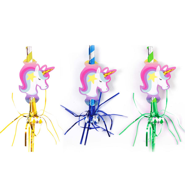 6Pcs Blowouts With Unicorn Icon And Fancy Fringe, 3 Colors Assorted