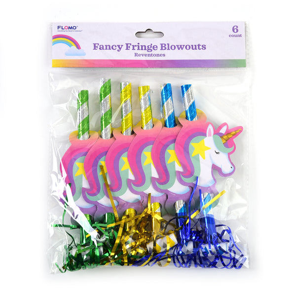 6Pcs Blowouts With Unicorn Icon And Fancy Fringe, 3 Colors Assorted