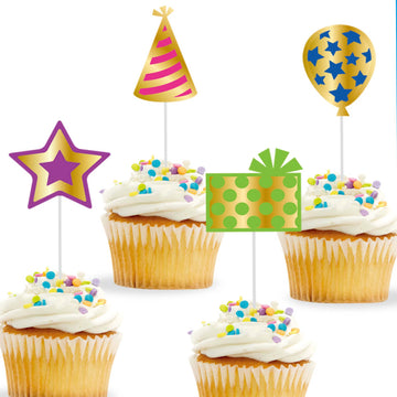 12Ct Hot Stamp Party Cup Cake Topper, 3 Designs Assorted Full Front Header