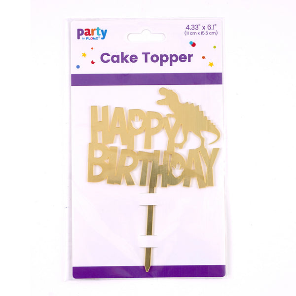 Dino Happy Birthday Plastic Cake Topper, Gold Color