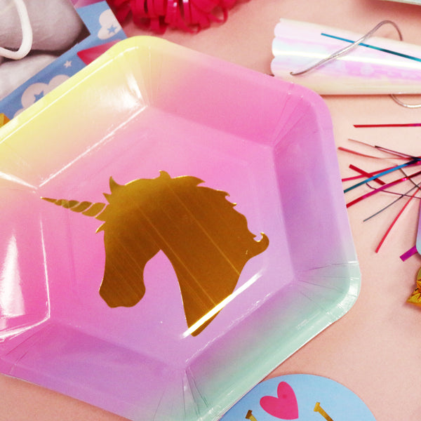 8Pk 7" Rainbow Unicorn Hexagon Plate With Hot Stamping